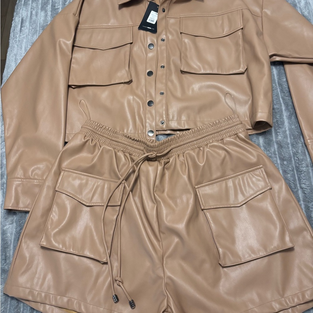 Fashion Nova Camel Leather Jacket and Shorts Set